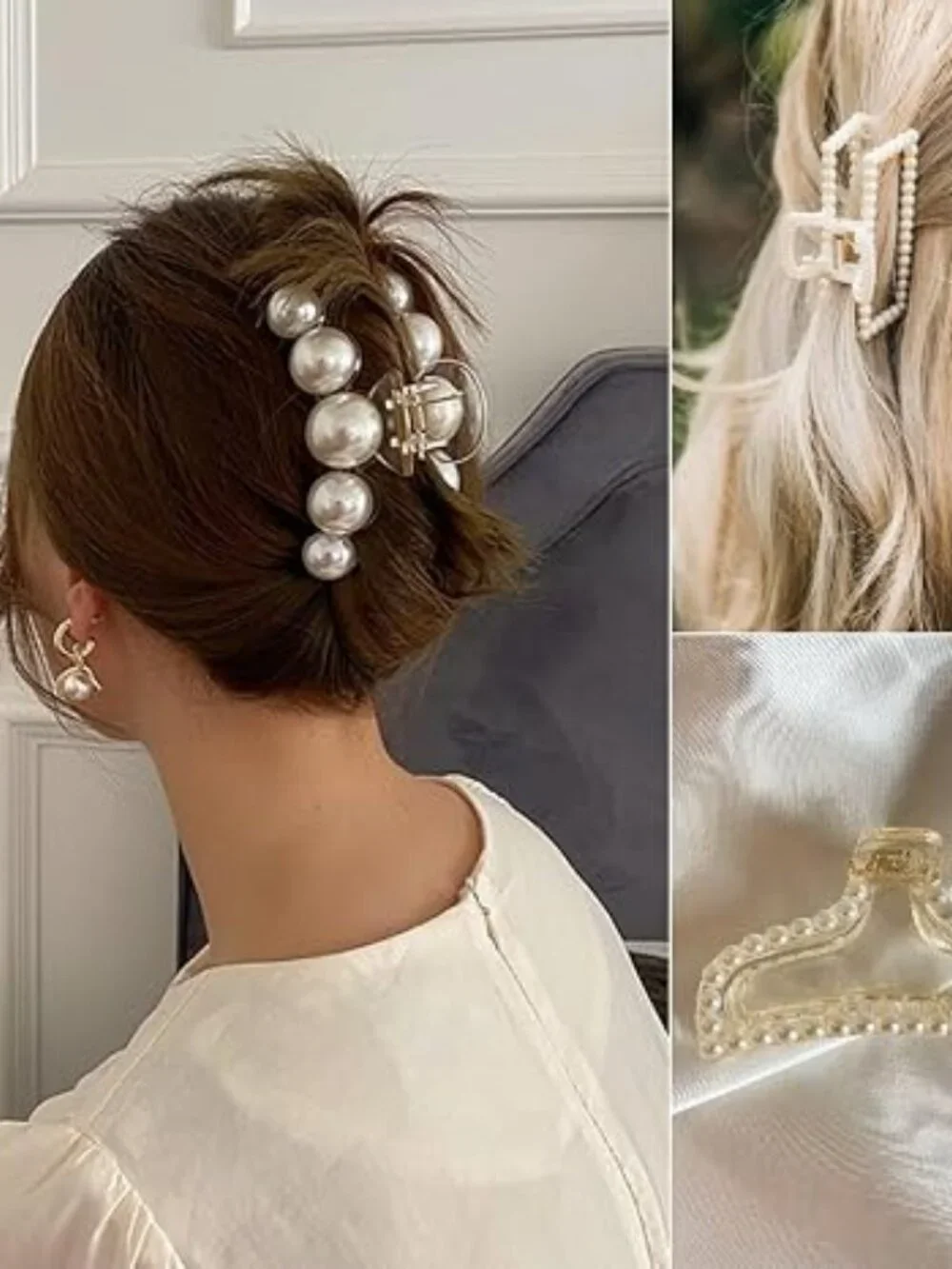 Pearl Hair Claw Clips, Large Barrettes for Thin, Thick, Curly or Long Hair, Whit